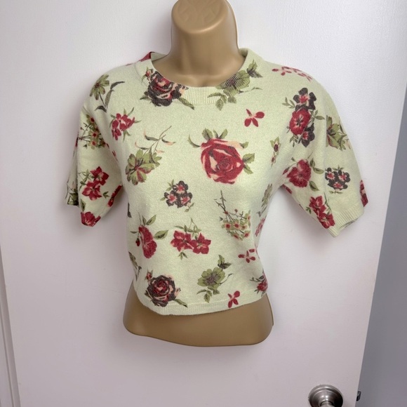 Twiggy Vintage Lambswool Rabbit Fur Green Red Rose Print Cropped Soft Sweater M - Picture 2 of 15
